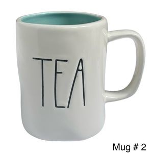 Rae Dunn TEA Mug White Teal Interior Black Large Letter Dimples NWT 2017 OG